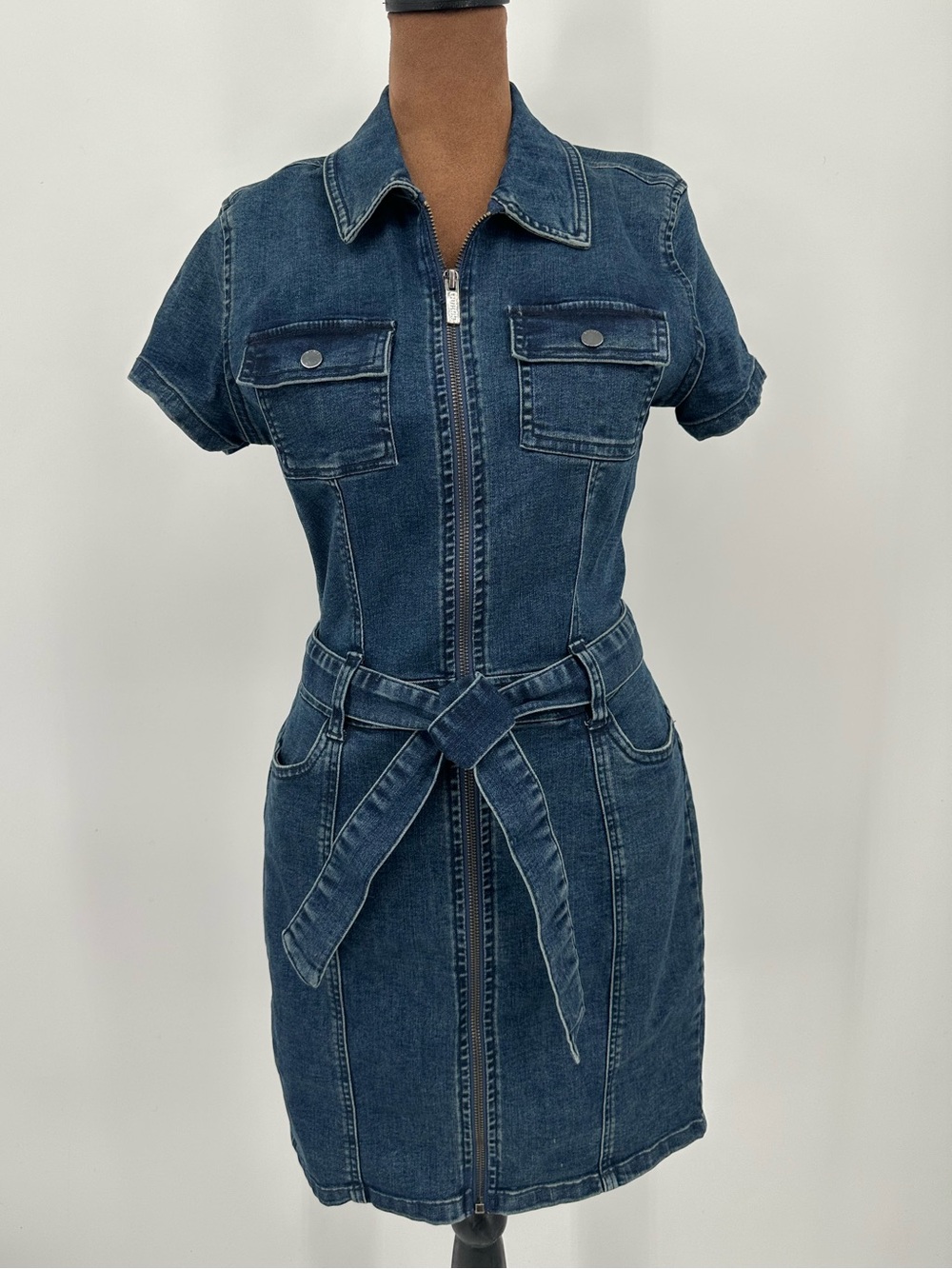 GUESS Denim Mini Dress XS NWT Zip Front Belted Dark Wash Y2K Utility
